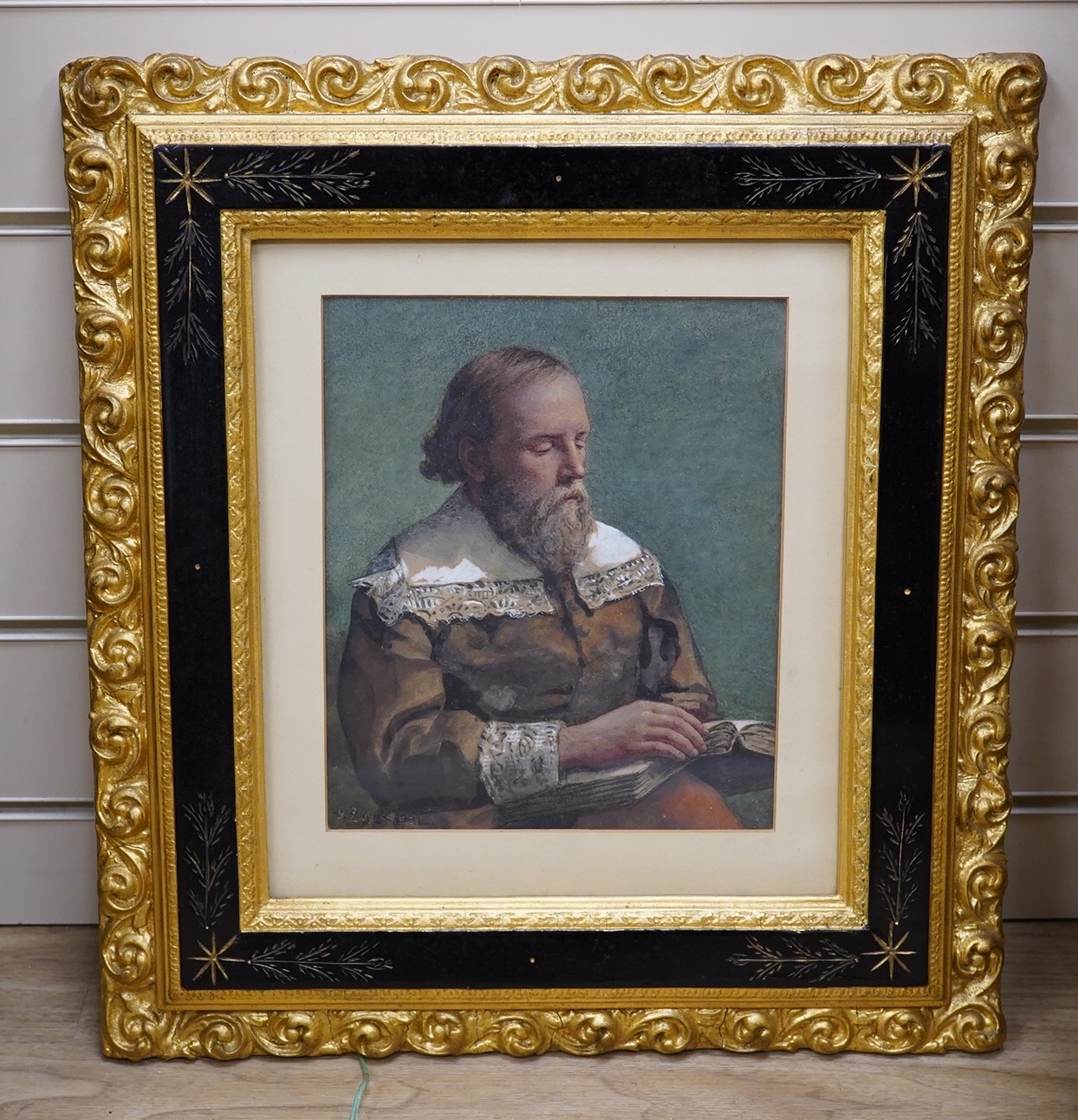 G F Zink, watercolour, Portrait of an Elizabethan gentleman reading, signed and dated 1887, 23 x 20cm, housed in a gilt and painted frame. Condition - fair to good